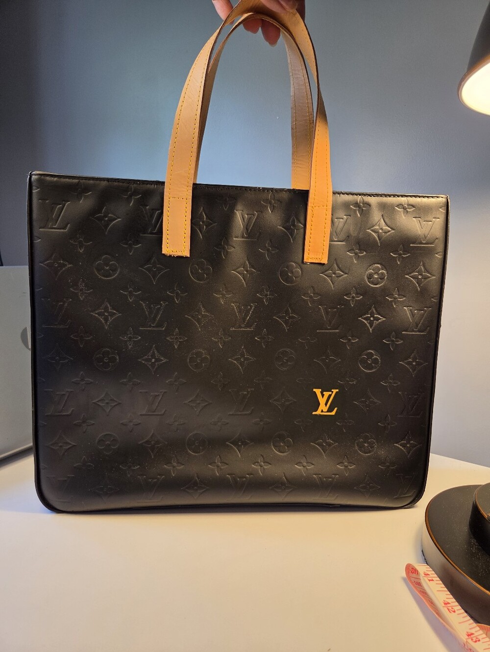 Louis Vuitton Black Embossed Monogram Tote with Yellow Accents READ